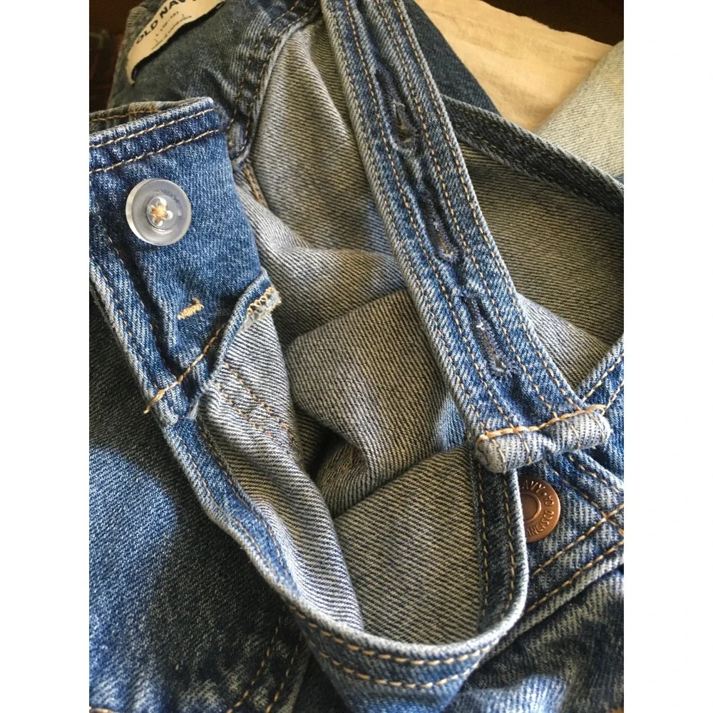 Old Navy Denim Overalls Girls Sz L 10-12 Blue Distressed Straight Leg 90s Casual